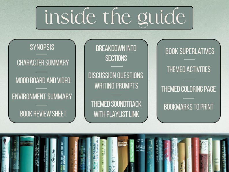 Pode incluir: Imagem com o texto "inside the guide" no topo, com tr&ecirc;s se&ccedil;&otilde;es abaixo. As se&ccedil;&otilde;es listam t&oacute;picos como sinopse, resumo do personagem e atividades tem&aacute;ticas. Uma estante cheia de livros na parte inferior.