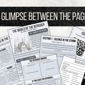 Pode incluir: Uma cole&ccedil;&atilde;o de p&aacute;ginas impressas com texto e gr&aacute;ficos, incluindo uma resenha de livro, perfis de personagens e resumos de cap&iacute;tulos. O t&iacute;tulo "A Glimpse Between The Pages" &eacute; exibido no topo.