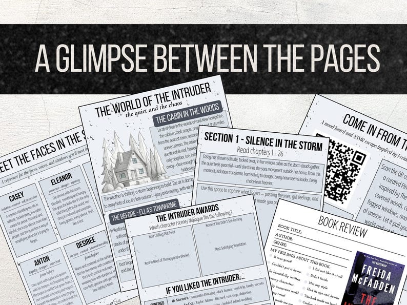 Pode incluir: Uma cole&ccedil;&atilde;o de p&aacute;ginas impressas com texto e gr&aacute;ficos, incluindo uma resenha de livro, perfis de personagens e resumos de cap&iacute;tulos. O t&iacute;tulo "A Glimpse Between The Pages" &eacute; exibido no topo.