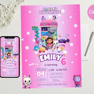 May include: Pink Gabby's Dollhouse birthday party invitation with cartoon characters, stars, and the name "EMILY" and age "6". The invitation includes event details and the text "Join Us!"