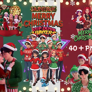 May include: A festive digital graphic with the text "Merry Christmas Kpop Demon Hunters" and "40+ PNG's". The image features cartoon characters in Christmas attire, including Santa hats and holiday sweaters. A couple is embracing.