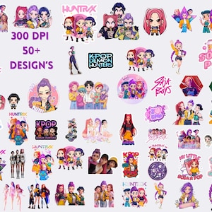 Puede incluir: Una colección de pegatinas coloridas con temática K-Pop, con varios personajes de estilo anime y los textos "HUNTRAX", "KPOP DEMON HUNTERS" y "SAJA BOYS". Las pegatinas tienen varias formas y tamaños, con una variedad de diseños y los textos "300 DPI" y "50+ DESIGNS".