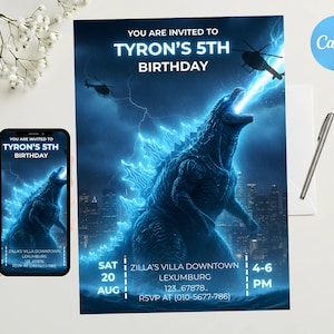 May include: A birthday invitation featuring a Godzilla illustration in shades of blue. The invitation includes the text "You are invited to Tyron's 5th Birthday" and event details. A smartphone displays the same design.