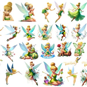 May include: A collection of illustrations featuring the fairy Tinker Bell in various poses. The images showcase Tinker Bell with her signature blonde bun, green dress, and fairy wings. Some images include flowers, butterflies, and other whimsical elements.