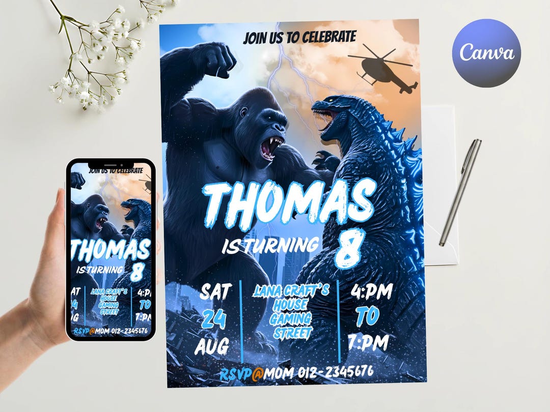 Godzilla Invites Godzilla Vs King Kong Birthday Invitation | Editable Kid Invite (canva ...