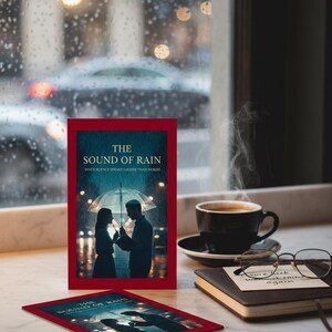 Puede incluir: Un libro titulado "The Sound of Rain" con un borde rojo, que presenta a una pareja bajo un paraguas. Junto a él, una taza de café, un cuaderno y gafas sobre una superficie de mármol. La escena está ambientada junto a una ventana lluviosa.
