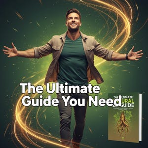 Może przedstawiać: Zdjęcie przedstawia mężczyznę w zielonej koszuli i beżowej kurtce z rozłożonymi ramionami na zielonym tle ze złotymi smugami światła. Widoczny jest napis "The Ultimate Guide You Need". Widoczna jest również książka zatytułowana "The Ultimate Guide".