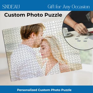May include: A personalised photo puzzle showing a couple in a close embrace. The puzzle is made up of many interlocking pieces, with the words "Custom Photo Puzzle" and "Personalized Custom Photo Puzzle" visible. The image also includes the text "Gift for Any Occasion".
