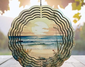 Molinillo de viento de metal con puesta de sol en la playa – Decoración de jardín oceánica en acuarela