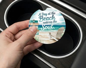 Juego de posavasos con diseño de coche playero – Escena costera, cita – Vajilla de cerámica absorbente