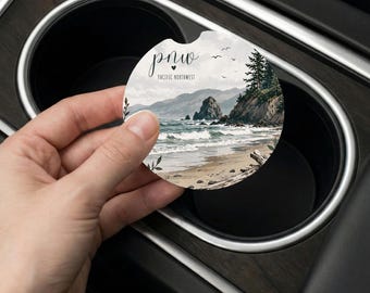 Posavasos de cerámica absorbente con diseño de playa del Pacífico Noroeste para coche – Juego de accesorios para coche con temática natural