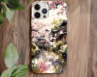 Capa magnética resistente para celular, iPhone, com estampa de cerejeiras em flor à beira do rio, em aquarela japonesa. Ideal para presente.