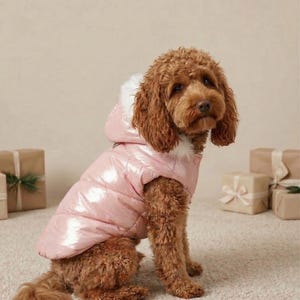 Warm Dog Winter Coat with Harness and Faux Fur Hood | Windproof Puffer Jacket