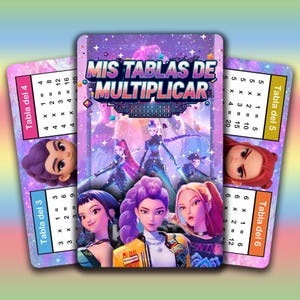 Puede incluir: Juego de tarjetas educativas de multiplicación, titulado "MIS TABLAS DE MULTIPLICAR". Las tarjetas muestran las tablas de multiplicar para los números 3, 4, 5 y 6, con personajes de dibujos animados. El diseño utiliza una combinación de colores vibrantes.