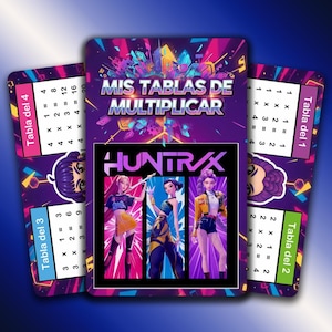 Puede incluir: Tarjetas educativas con tablas de multiplicar. Las tarjetas presentan el texto "MIS TABLAS DE MULTIPLICAR" y "HUNTRAX" con gráficos coloridos de personajes animados. Se muestran las tablas de multiplicar del 1, 2, 3 y 4.