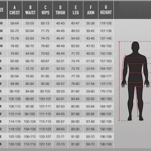 May include: A size chart with measurements for chest, waist, hips, thigh, leg, arm, and height. The chart includes sizes from 120 to 64, with corresponding measurements in inches and a diagram of a person with labeled measurement points.
