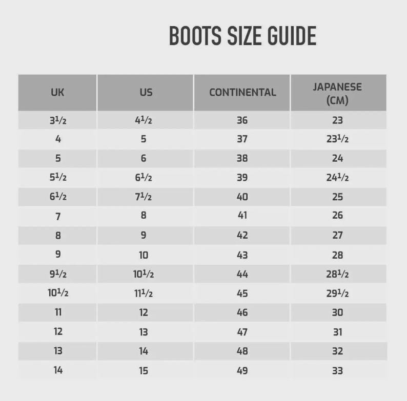 May include: A size guide for boots, with the text "BOOTS SIZE GUIDE" at the top. The guide includes UK, US, Continental, and Japanese (CM) sizes. The chart shows conversions from US size 4.5 to 15, with corresponding Japanese sizes from 23 cm to 33 cm.