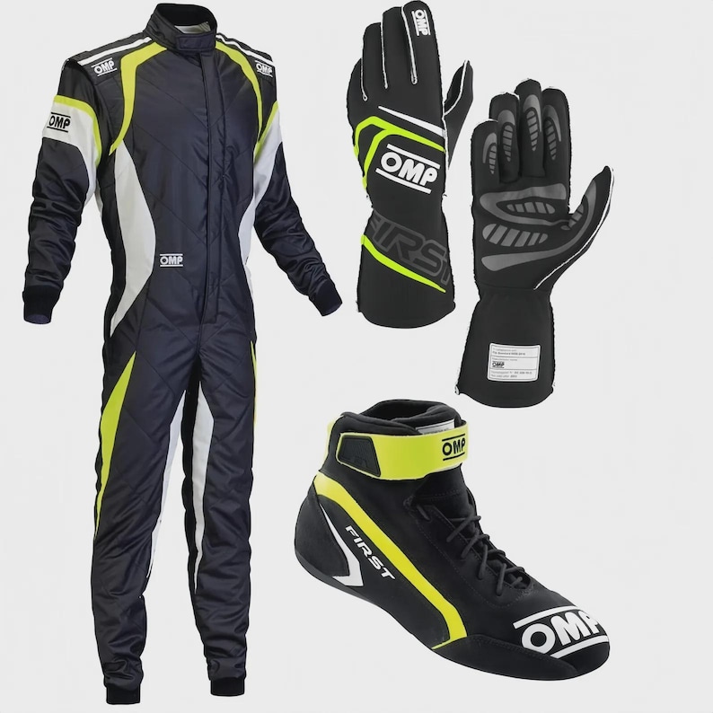 May include: A racing suit, gloves, and shoes set. The suit is navy blue with white and neon yellow accents. The gloves are black with neon yellow and gray details. The shoes are black with neon yellow accents.