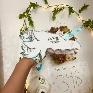 May include: A white and blue dragon head cutout with black outline details. The dragon has a light blue horn and is held up in front of a wall with greenery and fairy lights. A sign reads "Subscriber count: 348".