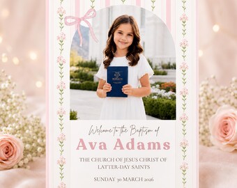 Editable LDS Baptism Invitation and Program Bundle, Pink Floral Girl Invite, Canva Template, Printable Baptism Program, Instant Download