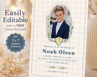 LDS Baptism Invitation Template Boy, Editable Canva 5x7 Printable, Blue CTR Baptism Invite, LDS Boy Baptism Invitation