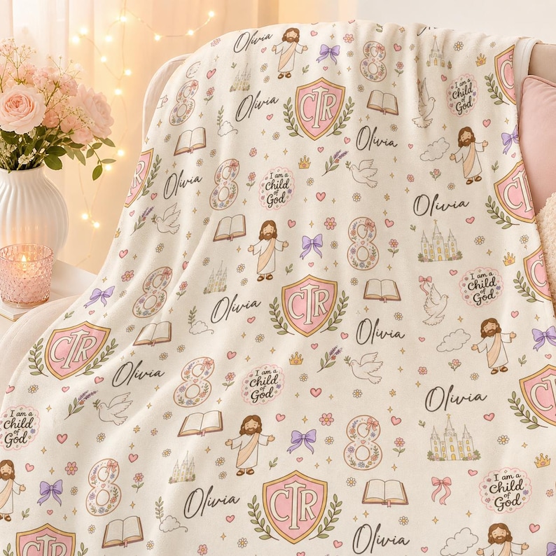 Holy Ghost Blanket for Girls, LDS Baptism Gift for 8 Year Old Girl, Personalized CTR Baptism Blanket, Custom Name Child of God Keepsake image 4