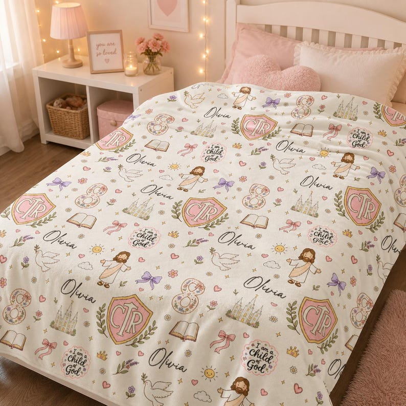 Holy Ghost Blanket for Girls, LDS Baptism Gift for 8 Year Old Girl, Personalized CTR Baptism Blanket, Custom Name Child of God Keepsake image 3