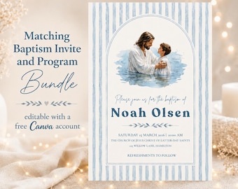 LDS Baptism Invitation and Program Bundle, Boy Baptism Invite, Editable Canva Template, Jesus Watercolor, Printable 5x7 Invite & Program