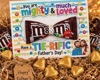 Afdrukbare hand-out Vaderdag M&M, kerkvaderdagtraktatie, tie-rific papacadeau, christelijke papa-snoepkaart, 7 x 5 instant download