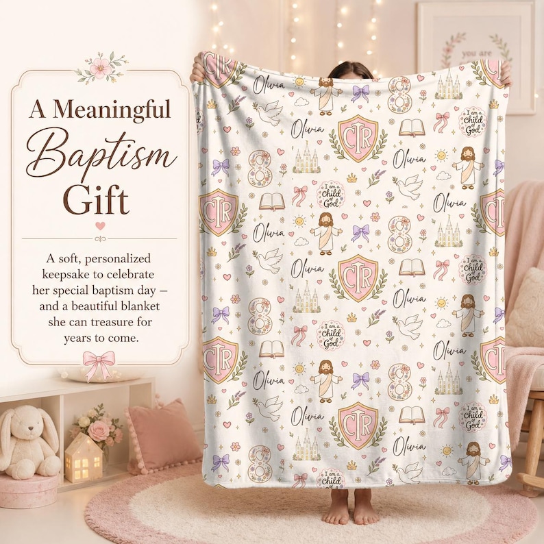 Holy Ghost Blanket for Girls, LDS Baptism Gift for 8 Year Old Girl, Personalized CTR Baptism Blanket, Custom Name Child of God Keepsake image 2