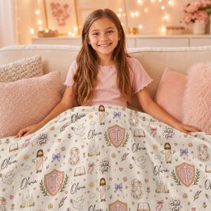 May include: A white fleece blanket featuring a repeating pattern of the name Olivia, the number 8, a shield with the letters CTR, a figure of Jesus, a dove, a temple, a book, a bow, and the text I am a Child of God in pink and gold tones.