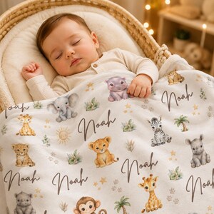 Manta personalizada para bebê com estampa de animais da savana, manta personalizada com nome para a chegada do bebê à maternidade, presente neutro para chá de bebê, lembrança para o quarto do bebê.