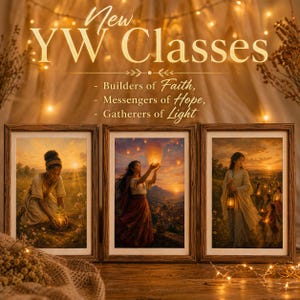 Puede incluir: Tres impresiones artísticas enmarcadas con una cálida paleta de colores dorados. Las impresiones representan a mujeres en varias escenas, incluyendo plantar, soltar una linterna y llevar una linterna. El texto "New YW Classes" está en la parte superior.