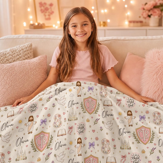 Holy Ghost Blanket for Girls, LDS Baptism Gift for 8 Year Old Girl, Personalized CTR Baptism Blanket, Custom Name Child of God Keepsake