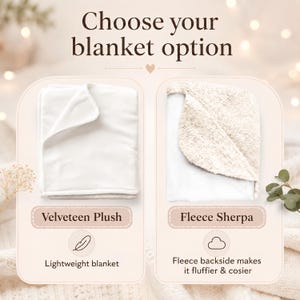 May include: A comparison graphic titled Choose your blanket option featuring two choices. On the left, a white Velteveen Plush lightweight blanket. On the right, a white Fleece Sherpa blanket with a textured cream-colored fleece backside.