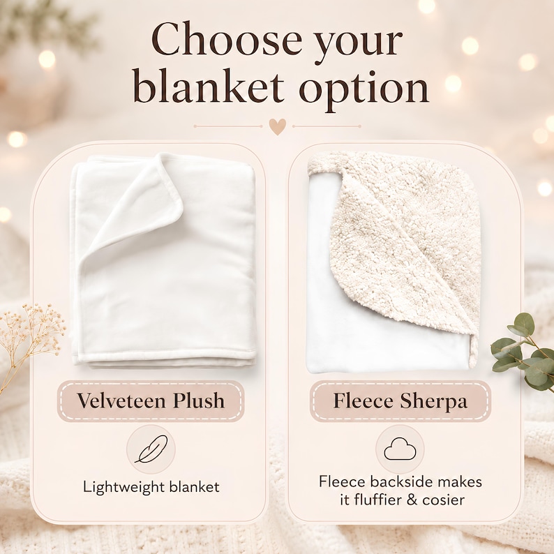 May include: A comparison graphic titled Choose your blanket option featuring two choices. On the left, a white Velteveen Plush lightweight blanket. On the right, a white Fleece Sherpa blanket with a textured cream-colored fleece backside.