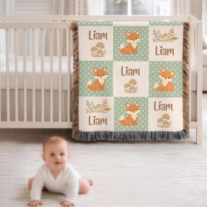 Personalised Fox Woven Baby Blanket | Cottagecore Throw, Animal Patchwork
