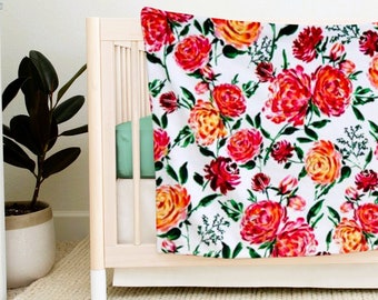 Floral Minky Baby Blanket: Rose Peony Print, Newborn Gift