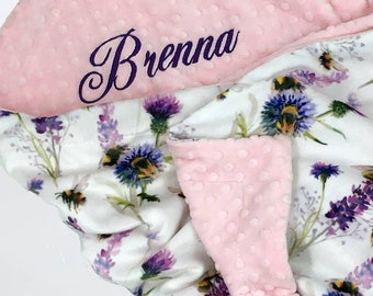 Floral Bee Minky Baby Blanket: Purple Lavender Nursery Decor