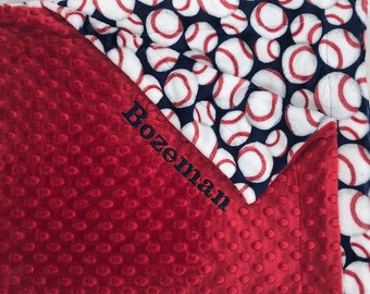 Personalized Baseball Baby Blanket: Red & Blue Minky Sports Theme