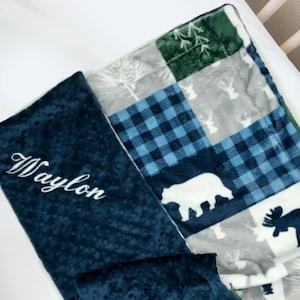 Woodland Animals Personalized Baby Boy Blanket - Mountain Bear and Moose Blanket - Navy Plaid Forest Minky Baby Blanket for Baby Shower Gift