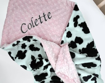 Personalized Minky Baby Blanket: Black and White Cow Print