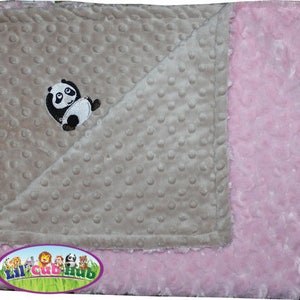 Minky Baby Blanket Gift, Baby Shower Gift, Panda Bear Blanket, Mocha Dot and Baby Pink Rosebud Swirl and embroidered Lil&#39; Cub Hub PANDA BEAR
