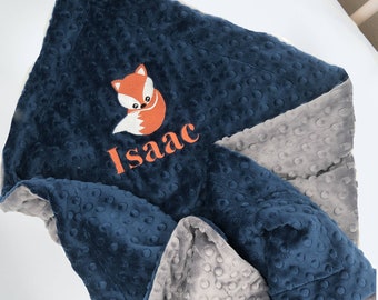 Fox Embroidered Minky Baby Blanket: Personalized Gray Dimple Dot Blanket