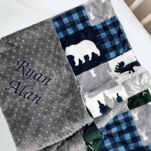 Woodland Baby Boy Blanket – Buffalo Plaid Navy Blue Grey and White Mountain Bear and Moose Decor - Forest Green Baby Shower Gift