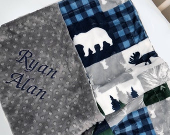 Woodland Baby Blanket: Buffalo Plaid Bear Moose Minky Blanket