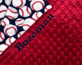 Personalized Baseball Minky Blanket: Red, White & Blue Throw