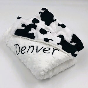 Black White Cow Print Personalized Unisex Neutral Minky Blanket for Baby Farm Animal or Cow Nursery, Great New Baby Gift Baby Shower