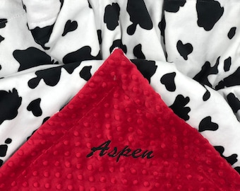 Personalized Minky Baby Blanket: Black White Cow Print, Soft Shower Gift