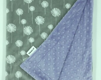 Dandelion Floral Flower Minky Baby Blanket Personalized Baby Shower Gift for Baby Girls, Gray and White Dandelion Baby Blanket